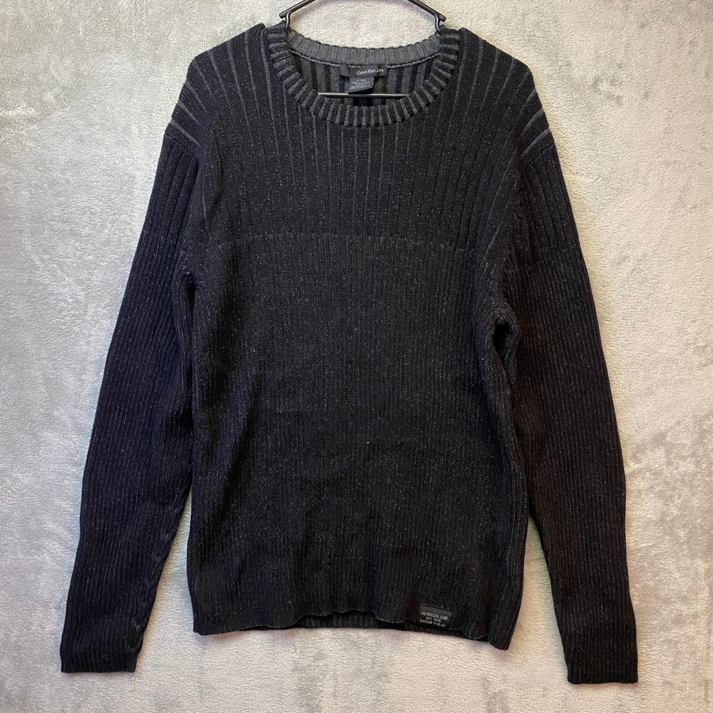 Calvin Klein Jeans Mens XL Ribbed Crewneck Sweater Black Grey Cotton Knit XL